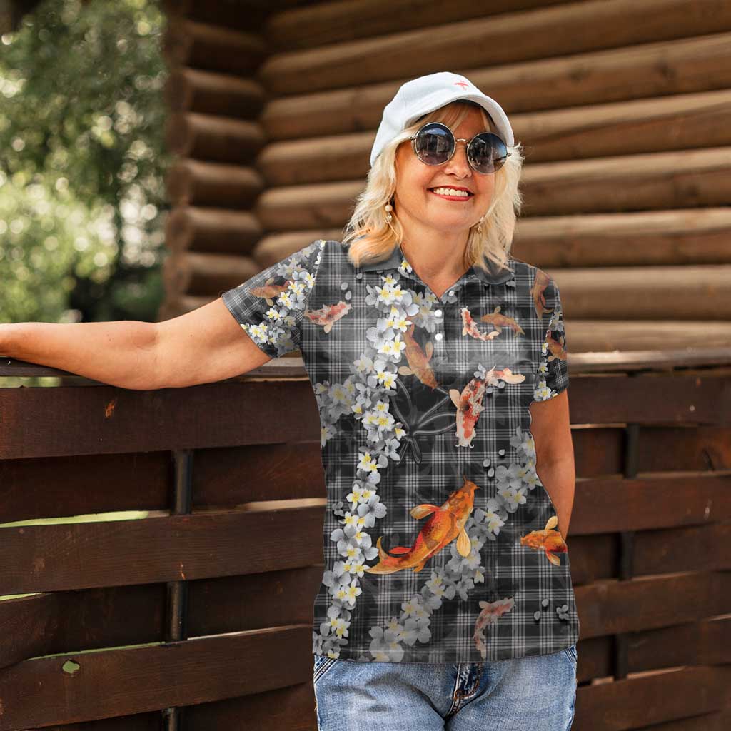 Black Palaka Hawaiian And Japanese Women Polo Shirt Sakura Lei With Koi Fish - Polynesian Pride