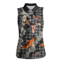 Black Palaka Hawaiian And Japanese Women Sleeveless Polo Shirt Sakura Lei With Koi Fish - Polynesian Pride