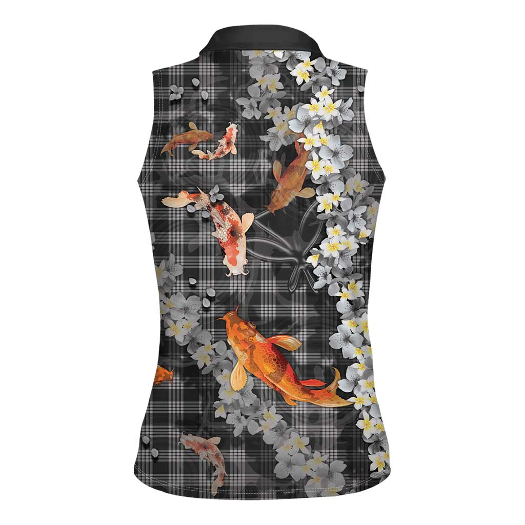 Black Palaka Hawaiian And Japanese Women Sleeveless Polo Shirt Sakura Lei With Koi Fish - Polynesian Pride