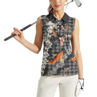 Black Palaka Hawaiian And Japanese Women Sleeveless Polo Shirt Sakura Lei With Koi Fish - Polynesian Pride