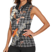 Black Palaka Hawaiian And Japanese Women Sleeveless Polo Shirt Sakura Lei With Koi Fish - Polynesian Pride