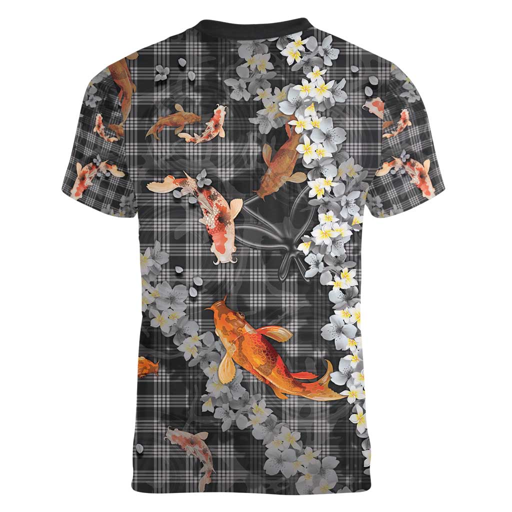 Black Palaka Hawaiian And Japanese Women V-Neck T-Shirt Sakura Lei With Koi Fish - Polynesian Pride
