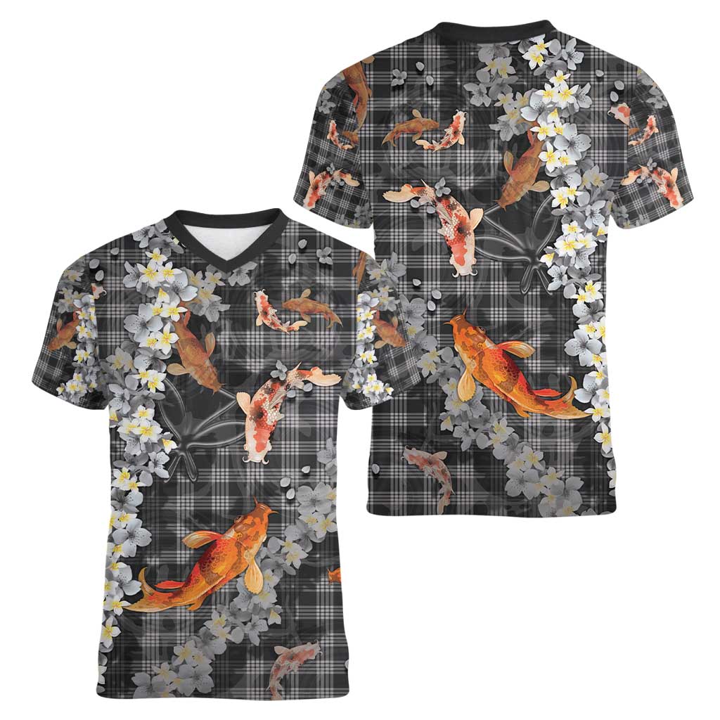 Black Palaka Hawaiian And Japanese Women V-Neck T-Shirt Sakura Lei With Koi Fish - Polynesian Pride