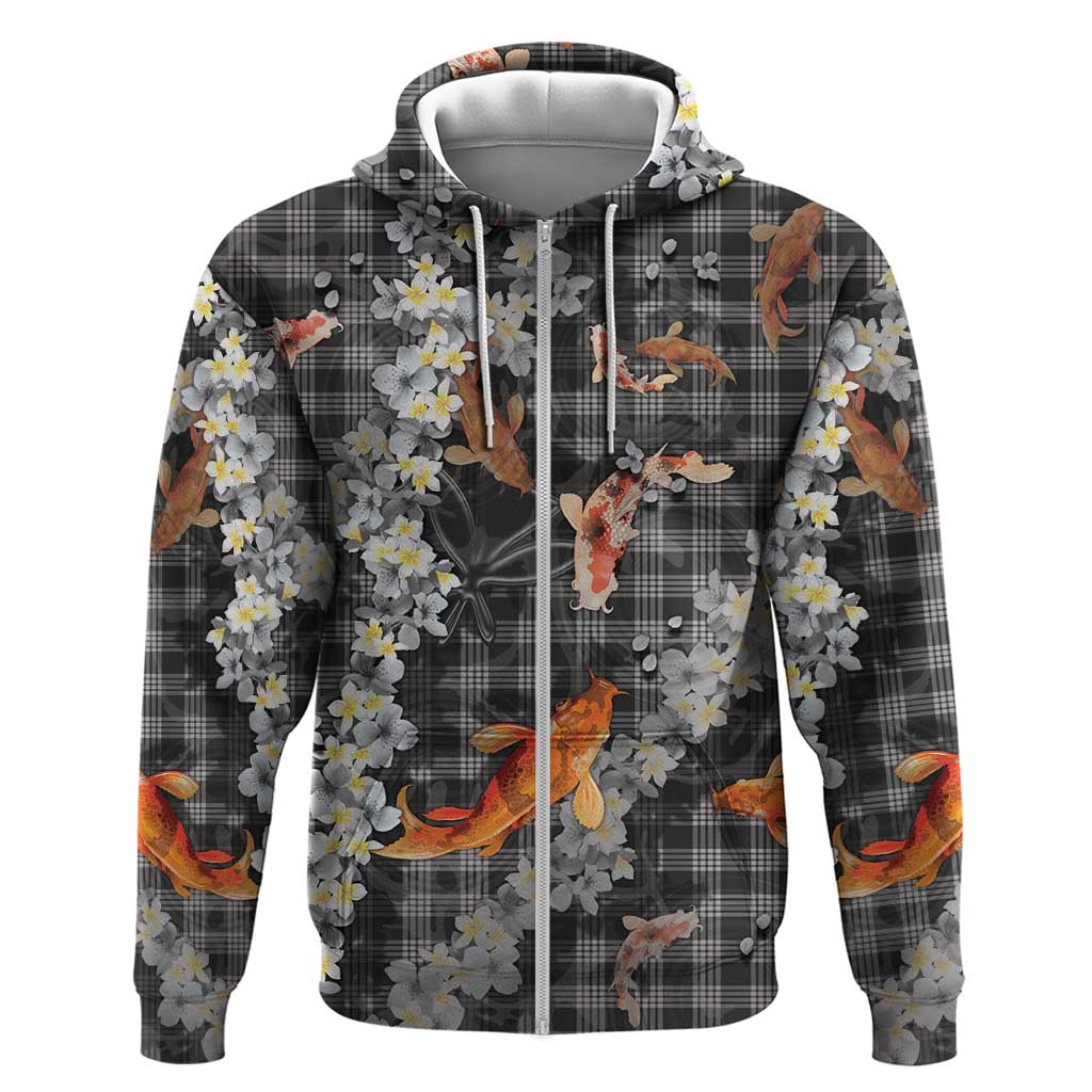 Black Palaka Hawaiian And Japanese Zip Hoodie Sakura Lei With Koi Fish - Polynesian Pride