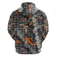 Black Palaka Hawaiian And Japanese Zip Hoodie Sakura Lei With Koi Fish - Polynesian Pride