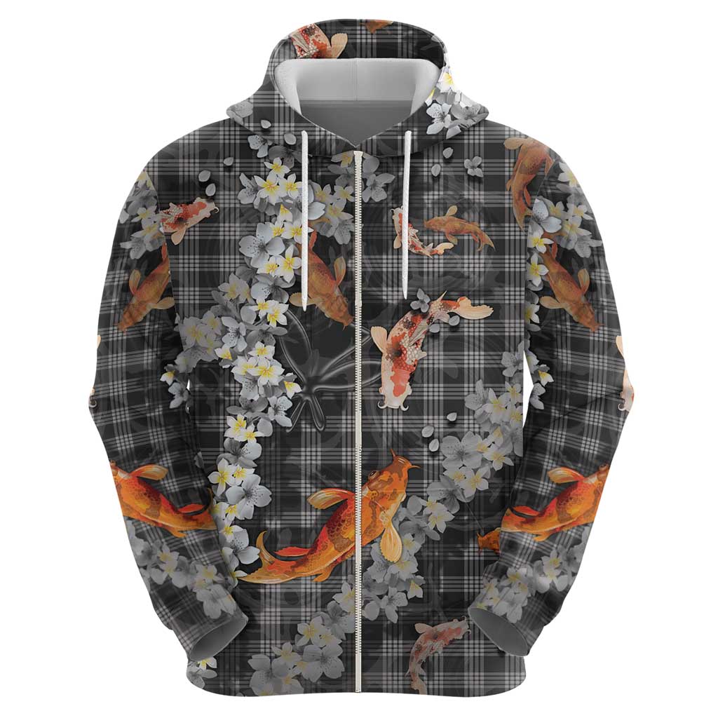 Black Palaka Hawaiian And Japanese Zip Hoodie Sakura Lei With Koi Fish - Polynesian Pride