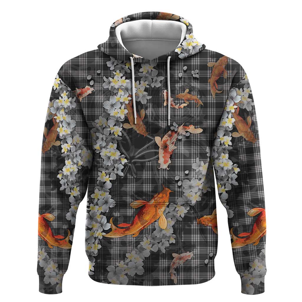 Black Palaka Hawaiian And Japanese Zip Hoodie Sakura Lei With Koi Fish - Polynesian Pride