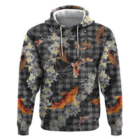 Black Palaka Hawaiian And Japanese Zip Hoodie Sakura Lei With Koi Fish - Polynesian Pride