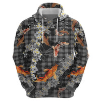 Black Palaka Hawaiian And Japanese Zip Hoodie Sakura Lei With Koi Fish - Polynesian Pride