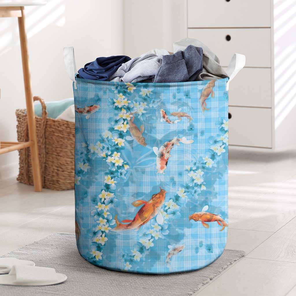 Blue Palaka Hawaiian And Japanese Laundry Basket Sakura Lei With Koi Fish - Polynesian Pride