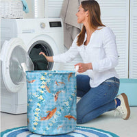 Blue Palaka Hawaiian And Japanese Laundry Basket Sakura Lei With Koi Fish - Polynesian Pride