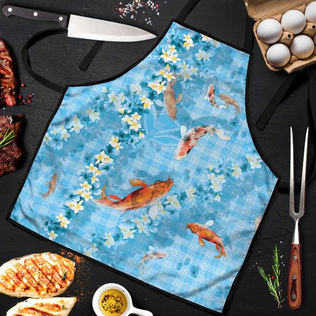 Blue Palaka Hawaiian And Japanese Apron Sakura Lei With Koi Fish - Polynesian Pride