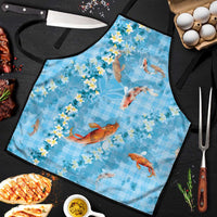 Blue Palaka Hawaiian And Japanese Apron Sakura Lei With Koi Fish - Polynesian Pride