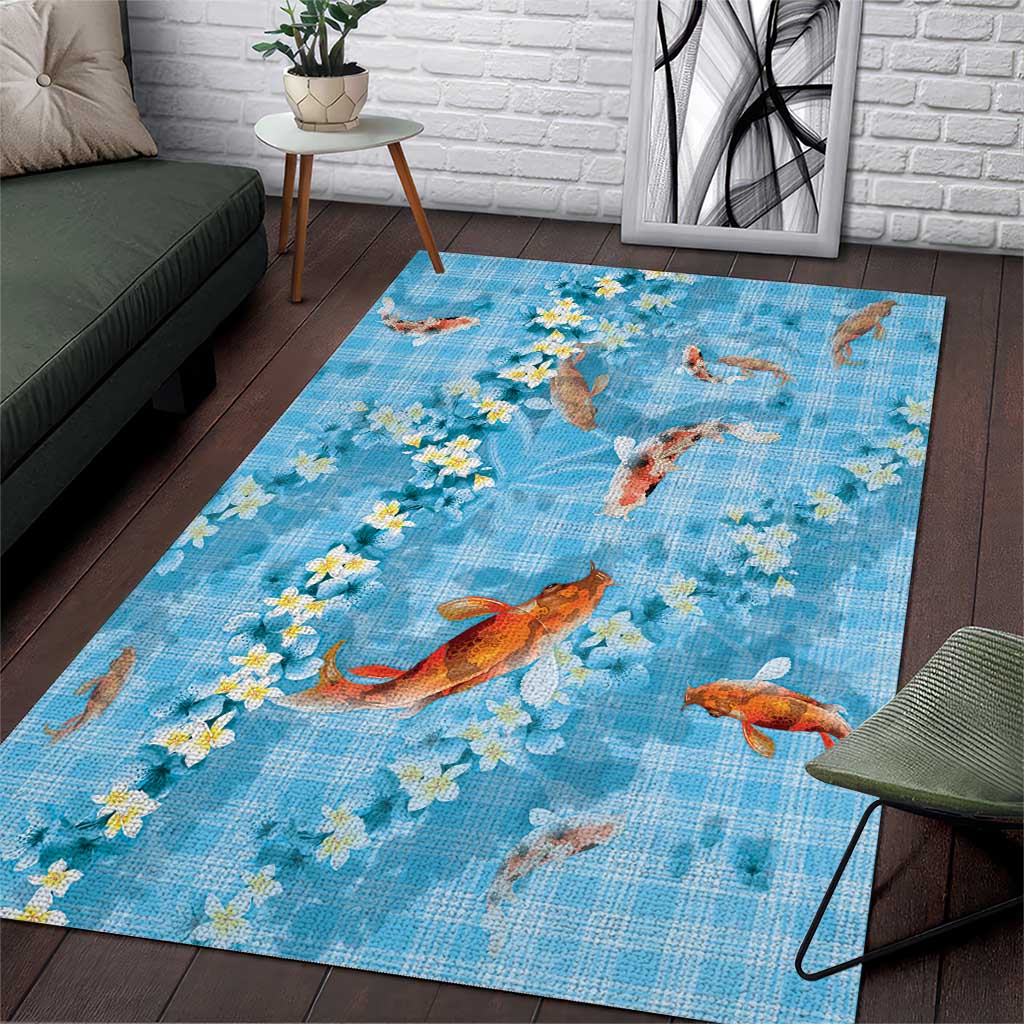 Blue Palaka Hawaiian And Japanese Area Rug Sakura Lei With Koi Fish - Polynesian Pride