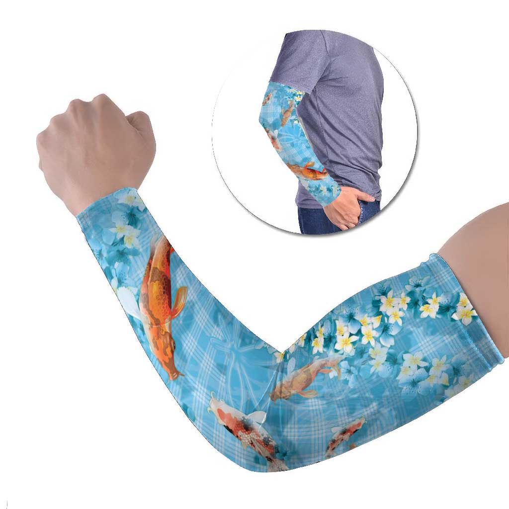 Blue Palaka Hawaiian And Japanese Arm Sleeves Sakura Lei With Koi Fish - Polynesian Pride