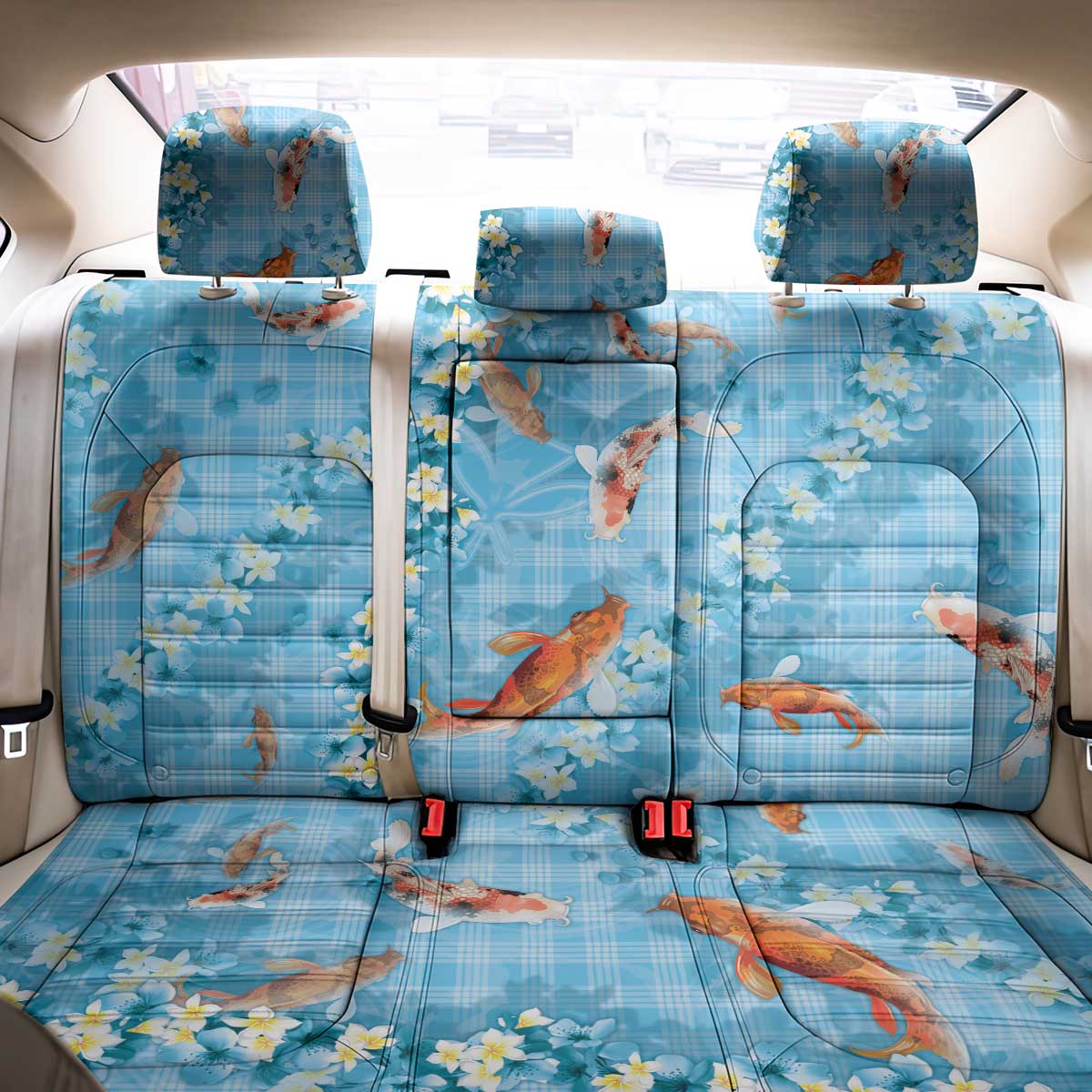 Blue Palaka Hawaiian And Japanese Back Car Seat Cover Sakura Lei With Koi Fish - Polynesian Pride