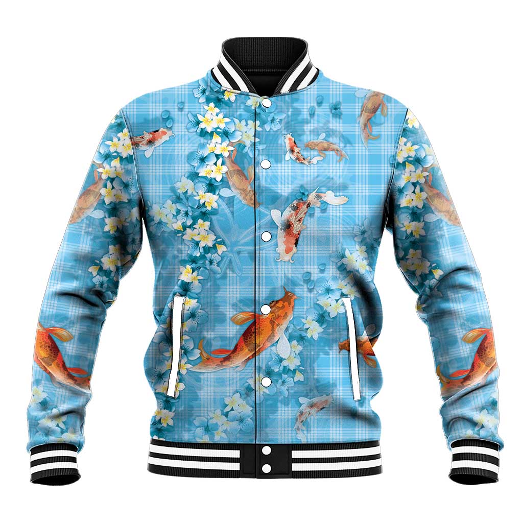 Blue Palaka Hawaiian And Japanese Baseball Jacket Sakura Lei With Koi Fish - Polynesian Pride