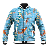 Blue Palaka Hawaiian And Japanese Baseball Jacket Sakura Lei With Koi Fish - Polynesian Pride