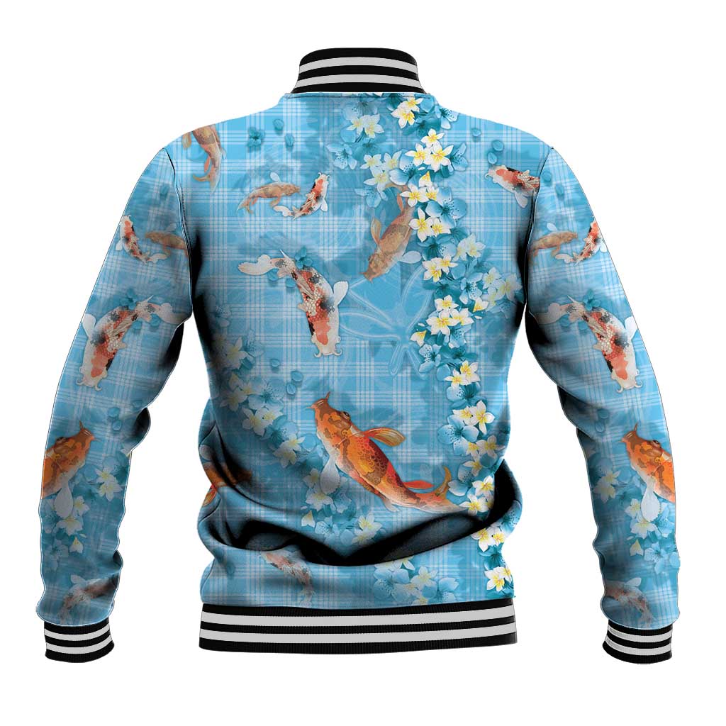 Blue Palaka Hawaiian And Japanese Baseball Jacket Sakura Lei With Koi Fish - Polynesian Pride