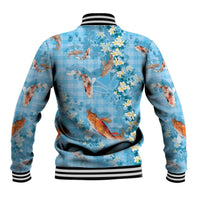 Blue Palaka Hawaiian And Japanese Baseball Jacket Sakura Lei With Koi Fish - Polynesian Pride