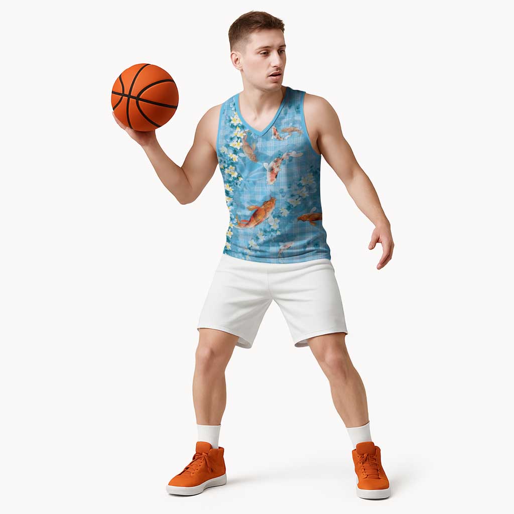 Blue Palaka Hawaiian And Japanese Basketball Jersey Sakura Lei With Koi Fish - Polynesian Pride