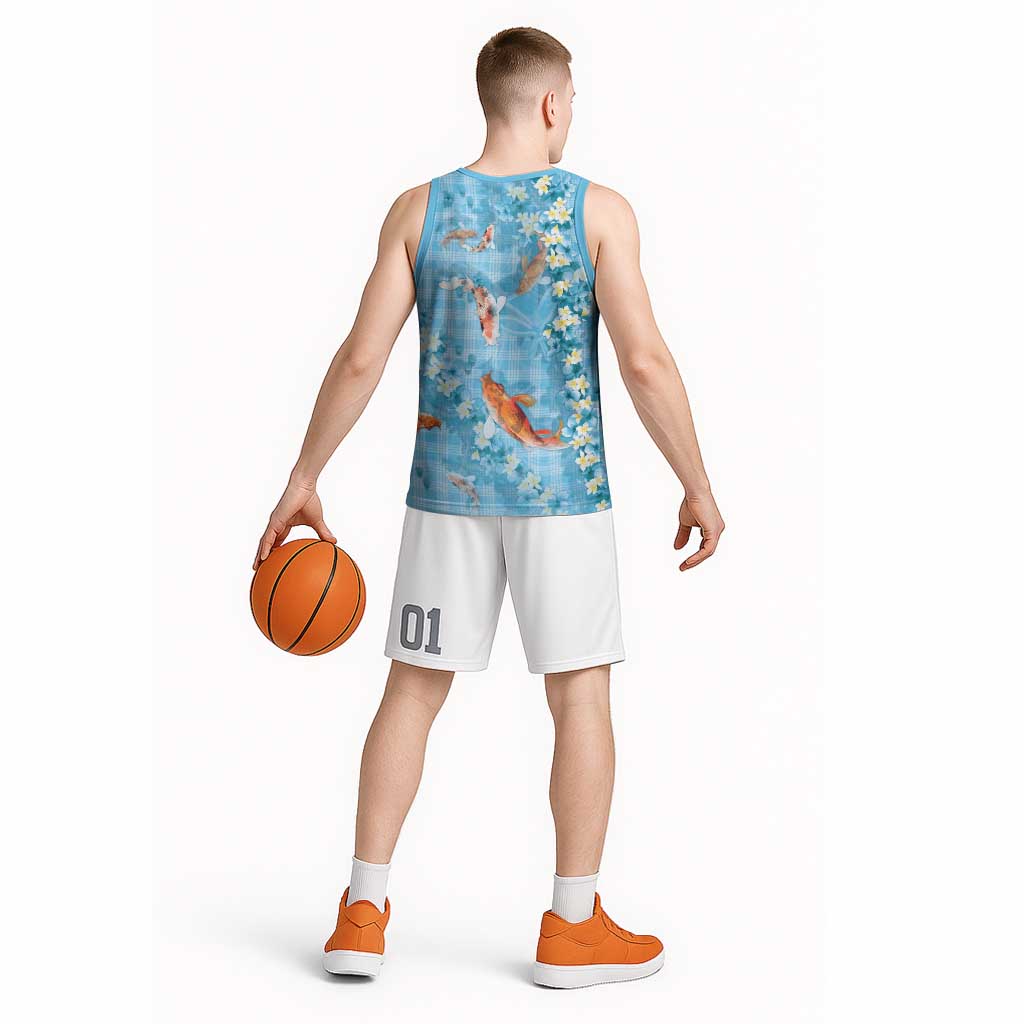 Blue Palaka Hawaiian And Japanese Basketball Jersey Sakura Lei With Koi Fish - Polynesian Pride