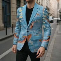 Blue Palaka Hawaiian And Japanese Blazer Sakura Lei With Koi Fish - Polynesian Pride