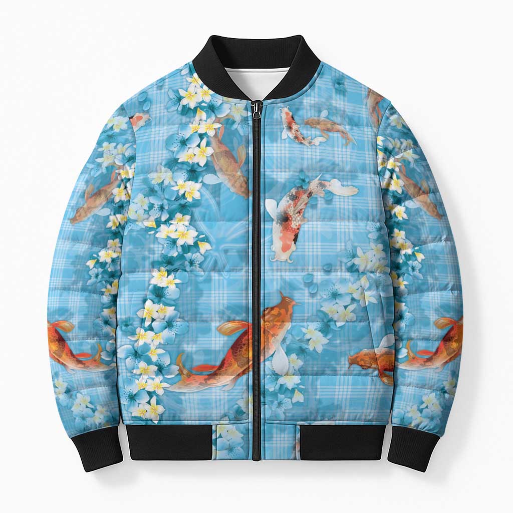 Blue Palaka Hawaiian And Japanese Bomber Puffer Jacket Sakura Lei With Koi Fish - Polynesian Pride