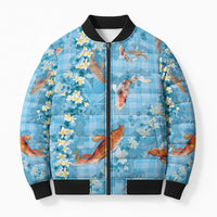 Blue Palaka Hawaiian And Japanese Bomber Puffer Jacket Sakura Lei With Koi Fish - Polynesian Pride