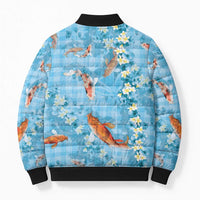 Blue Palaka Hawaiian And Japanese Bomber Puffer Jacket Sakura Lei With Koi Fish - Polynesian Pride
