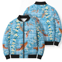 Blue Palaka Hawaiian And Japanese Bomber Puffer Jacket Sakura Lei With Koi Fish - Polynesian Pride