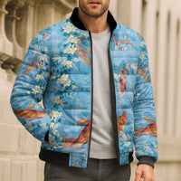 Blue Palaka Hawaiian And Japanese Bomber Puffer Jacket Sakura Lei With Koi Fish - Polynesian Pride