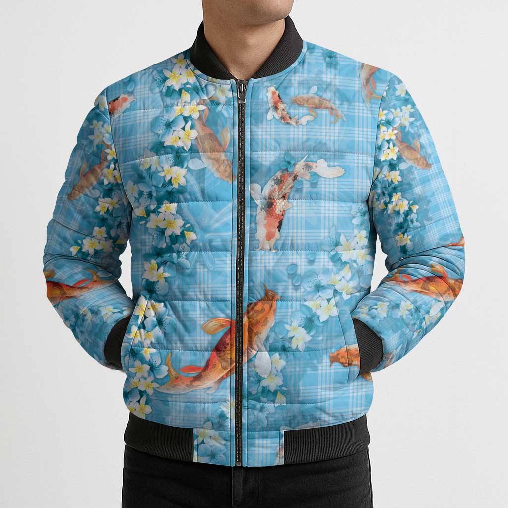 Blue Palaka Hawaiian And Japanese Bomber Puffer Jacket Sakura Lei With Koi Fish - Polynesian Pride