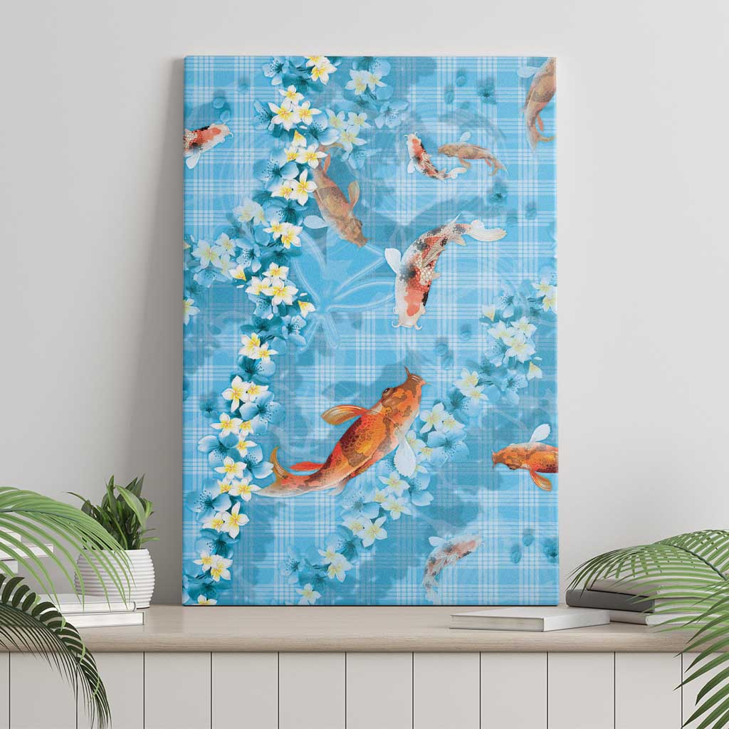 Blue Palaka Hawaiian And Japanese Canvas Wall Art Sakura Lei With Koi Fish - Polynesian Pride