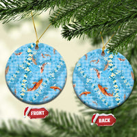 Blue Palaka Hawaiian And Japanese Ceramic Ornament Sakura Lei With Koi Fish - Polynesian Pride