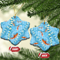 Blue Palaka Hawaiian And Japanese Ceramic Ornament Sakura Lei With Koi Fish - Polynesian Pride