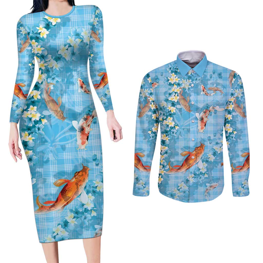 Blue Palaka Hawaiian And Japanese Couples Matching Long Sleeve Bodycon Dress and Long Sleeve Button Shirt Sakura Lei With Koi Fish - Polynesian Pride