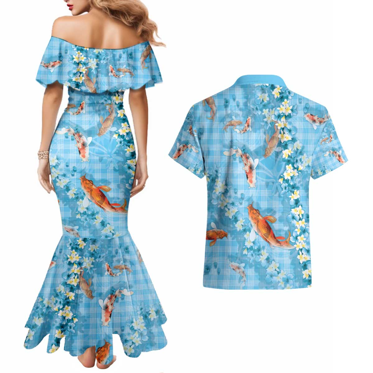 Blue Palaka Hawaiian And Japanese Couples Matching Mermaid Dress and Hawaiian Shirt Sakura Lei With Koi Fish - Polynesian Pride