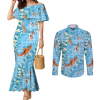 Blue Palaka Hawaiian And Japanese Couples Matching Mermaid Dress and Long Sleeve Button Shirt Sakura Lei With Koi Fish - Polynesian Pride