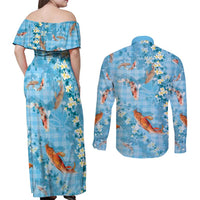 Blue Palaka Hawaiian And Japanese Couples Matching Off Shoulder Maxi Dress and Long Sleeve Button Shirt Sakura Lei With Koi Fish - Polynesian Pride