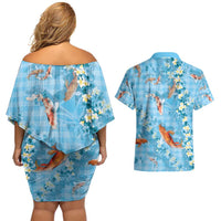 Blue Palaka Hawaiian And Japanese Couples Matching Off Shoulder Short Dress and Hawaiian Shirt Sakura Lei With Koi Fish - Polynesian Pride