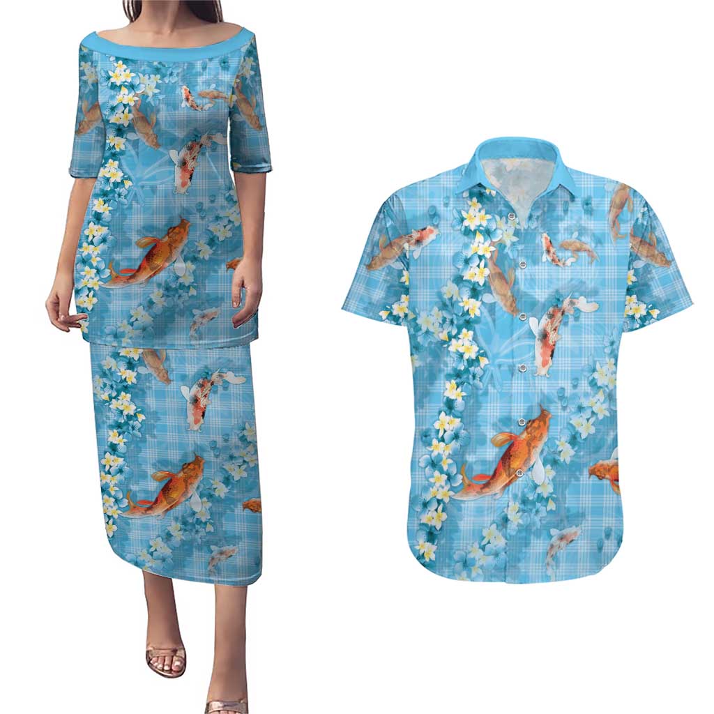 Blue Palaka Hawaiian And Japanese Couples Matching Puletasi and Hawaiian Shirt Sakura Lei With Koi Fish DT05 Blue - Polynesian Pride