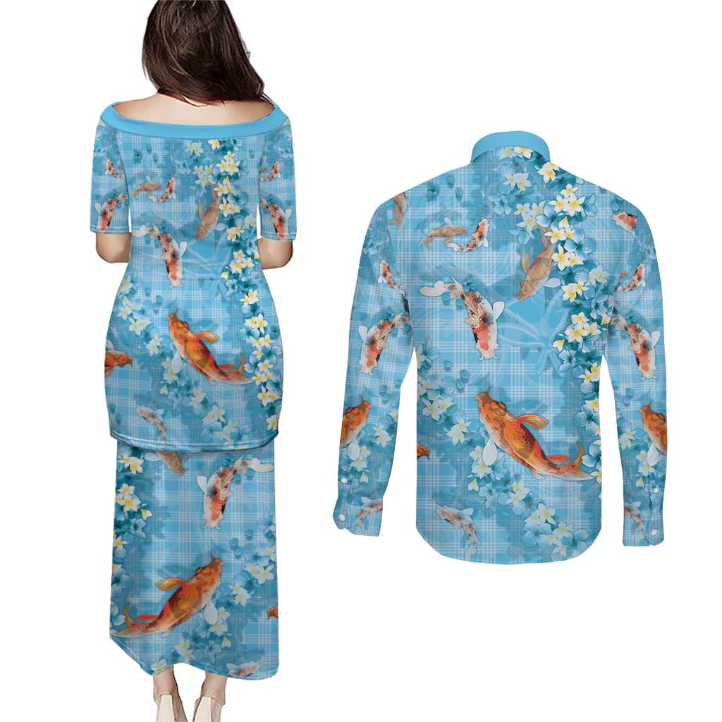 Blue Palaka Hawaiian And Japanese Couples Matching Puletasi and Long Sleeve Button Shirt Sakura Lei With Koi Fish DT05 - Polynesian Pride