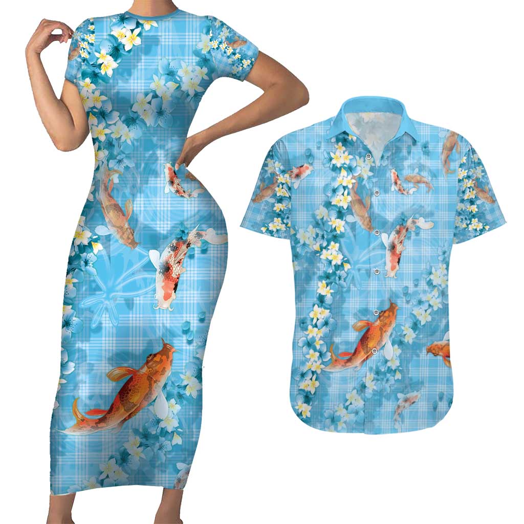 Blue Palaka Hawaiian And Japanese Couples Matching Short Sleeve Bodycon Dress and Hawaiian Shirt Sakura Lei With Koi Fish - Polynesian Pride