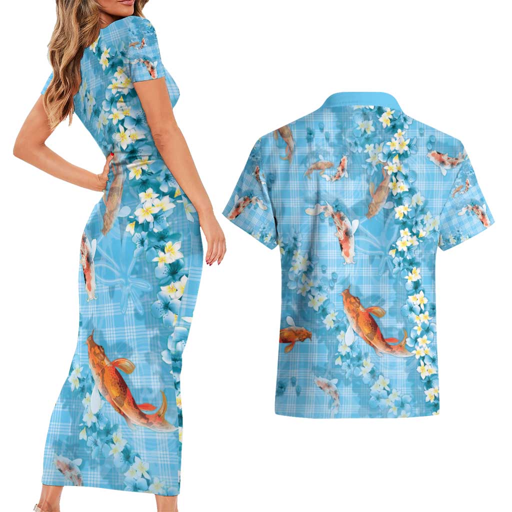 Blue Palaka Hawaiian And Japanese Couples Matching Short Sleeve Bodycon Dress and Hawaiian Shirt Sakura Lei With Koi Fish - Polynesian Pride