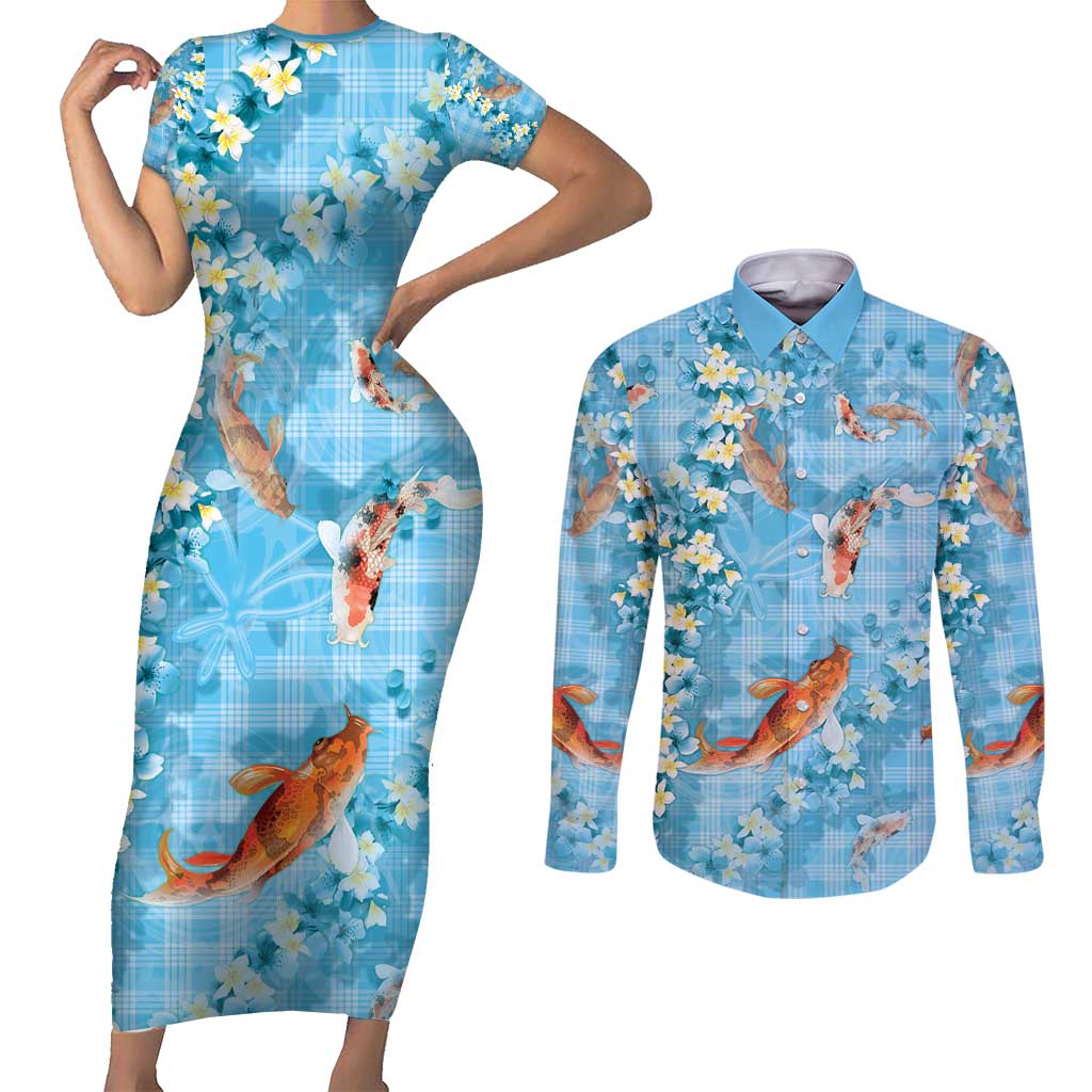 Blue Palaka Hawaiian And Japanese Couples Matching Short Sleeve Bodycon Dress and Long Sleeve Button Shirt Sakura Lei With Koi Fish - Polynesian Pride