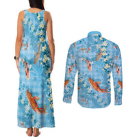 Blue Palaka Hawaiian And Japanese Couples Matching Tank Maxi Dress and Long Sleeve Button Shirt Sakura Lei With Koi Fish - Polynesian Pride