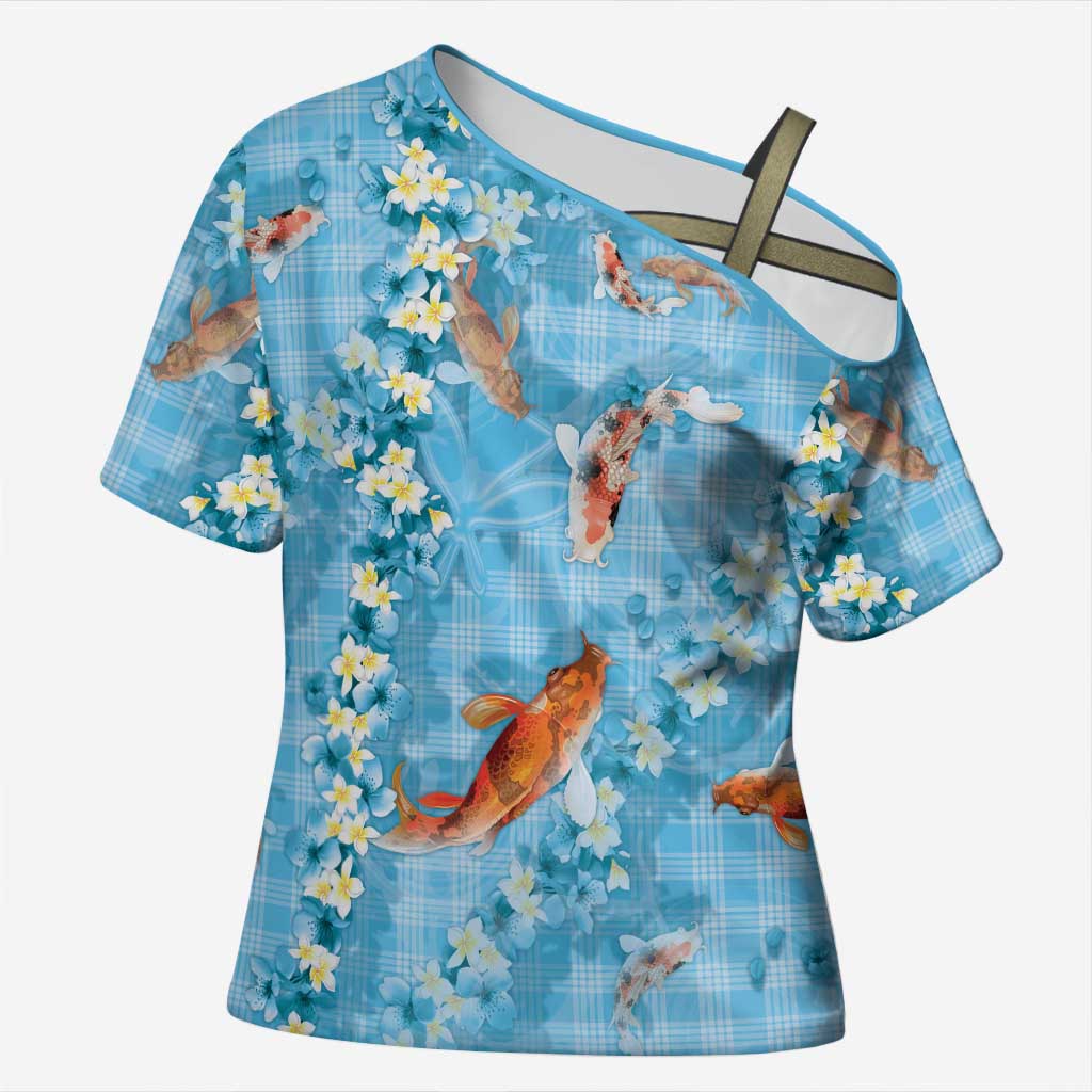 Blue Palaka Hawaiian And Japanese Cross Shoulder Shirt Sakura Lei With Koi Fish - Polynesian Pride