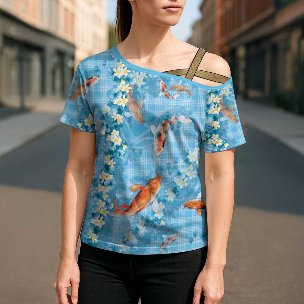 Blue Palaka Hawaiian And Japanese Cross Shoulder Shirt Sakura Lei With Koi Fish - Polynesian Pride