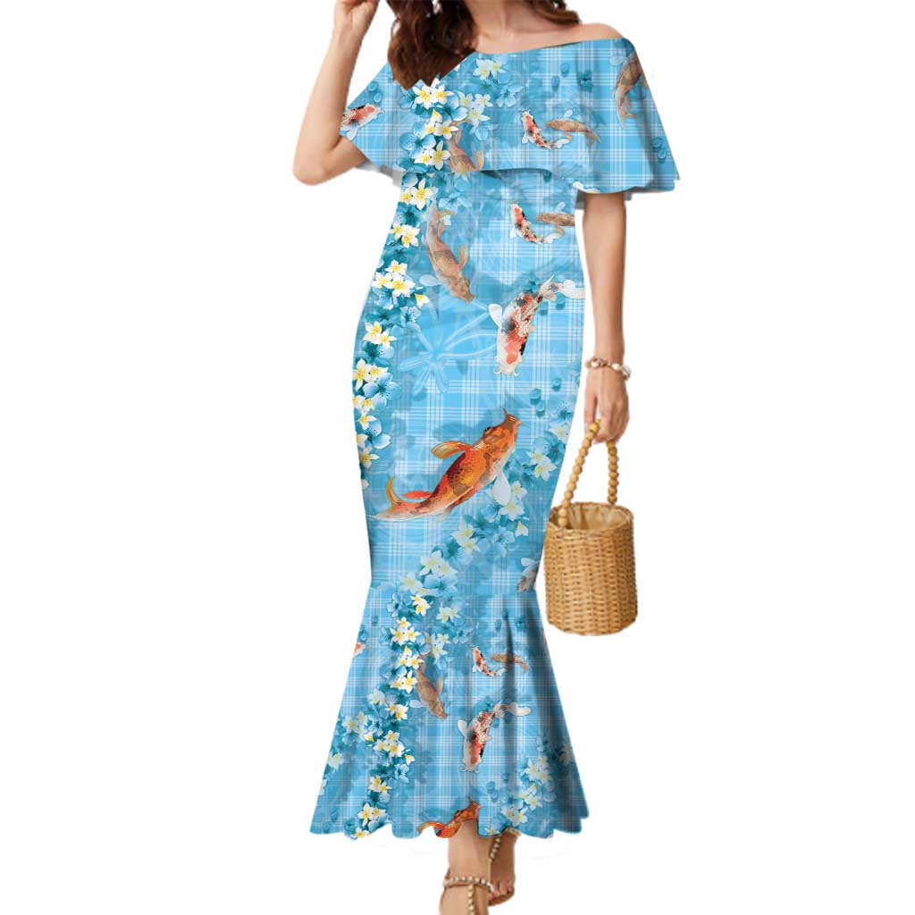 Blue Palaka Hawaiian And Japanese Family Matching Mermaid Dress and Hawaiian Shirt Sakura Lei With Koi Fish - Polynesian Pride